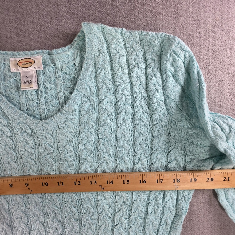 Talbots Sweater Womens Medium Petites Light Blue Cable Knit V-Neck Cotton Blend - Picture 5 of 16